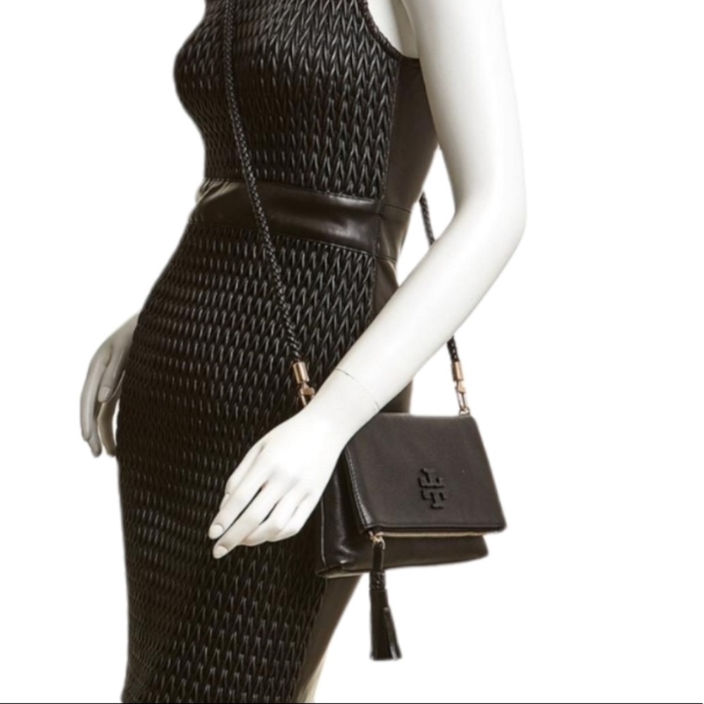 Tory Burch Taylor Mini Fold Over Crossbody Clutch Black Leather Tassel Braided